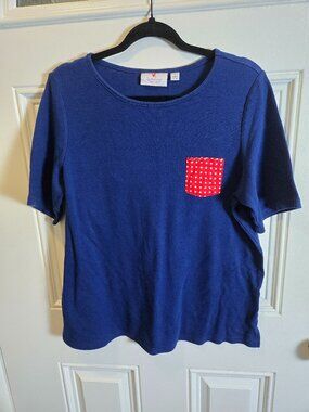 Quacker Factory Jeanne Bice L Blue Top Red Polka Dot Rhinestone Pocket Patriotic